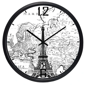 

Vintage Nostalgic European Digital Wall Clock Art Round Creative Design Paris Eiffel Tower Wall Clock Silent