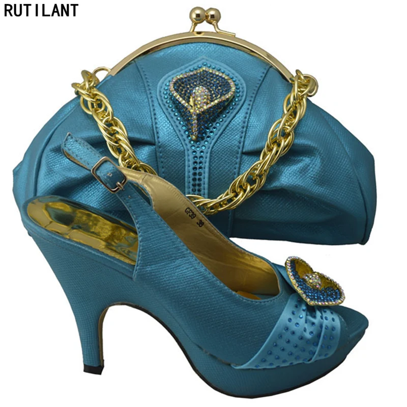 

Blue Color Nigerian Party Shoe and Bag Sets African Matching Shoes and Bags Italian In Women Nigerian Women Shoes and Bag Sets