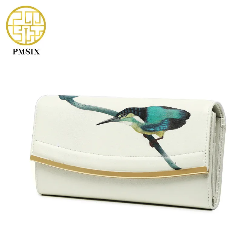 Pmsix 2018 Genuine Leather Handbags Kingfisher Pattern Women Wallet Sequined Large Capacity Evening Clutch Bags P410008