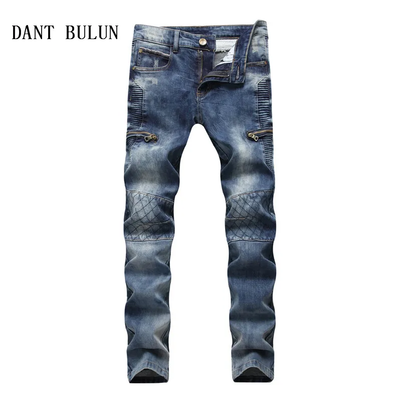 DANT BULUN Men Jeans Biker Pleated Hip Hop Denim Pants With Multi ...