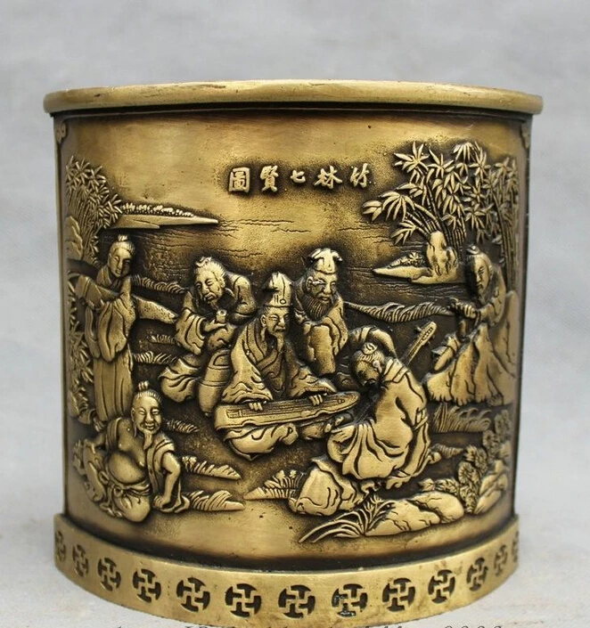 

Chinese Bronze Bamboo 7 Sapience Old Man Statue Brush Pot Barrel Pencil Vase