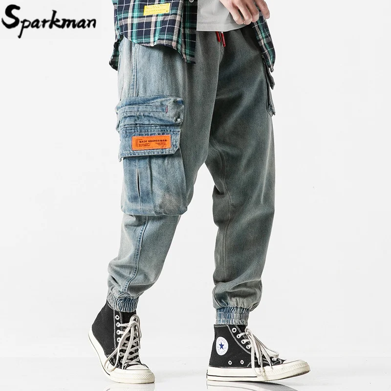 

2019 Harajuku Denim Pant Baggy Jogger Men Hip Hip Cargo Pants Streetwear Summer Side Pocket Trousers Loose Elastic Waist Hipster