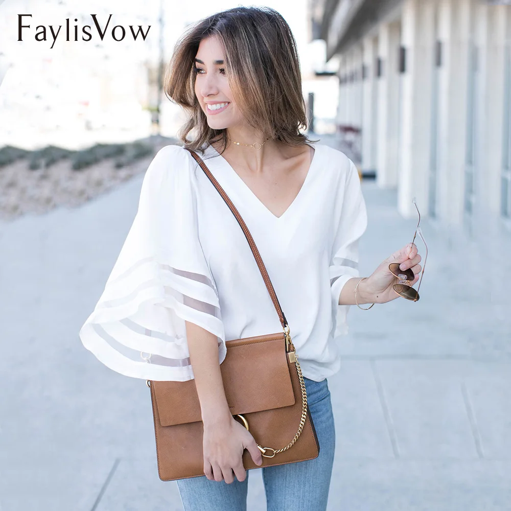 Женская блузка с расклешенными рукавами Faylisvow свободная Однотонная рубашка