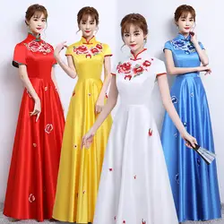 Леди китайский Винтаж воротник-стойка Qipao летние шорты рукавами полной длины Cheongsam сексуальный с вышитыми цветами Vestidos Размеры XS-XL