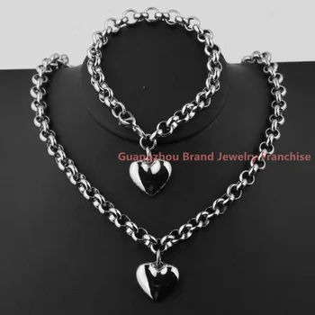 

New Fashion Women's Jewelry Sets Silver Color Stainless Steel 8MM Rolo Link Heart Pendant & Bracelet Choker Necklace Jewelry