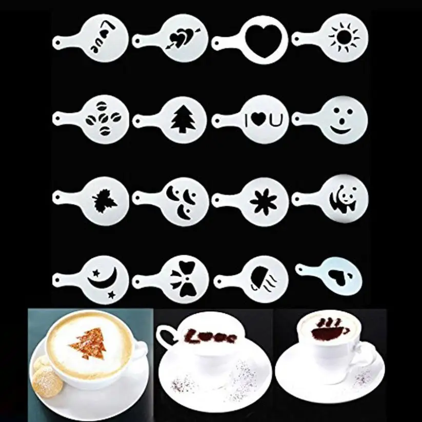 

16Pcs Creative Nice Coffee Barista Stencils Template Strew Pad Duster Spray Art Coffee Tools JAN25