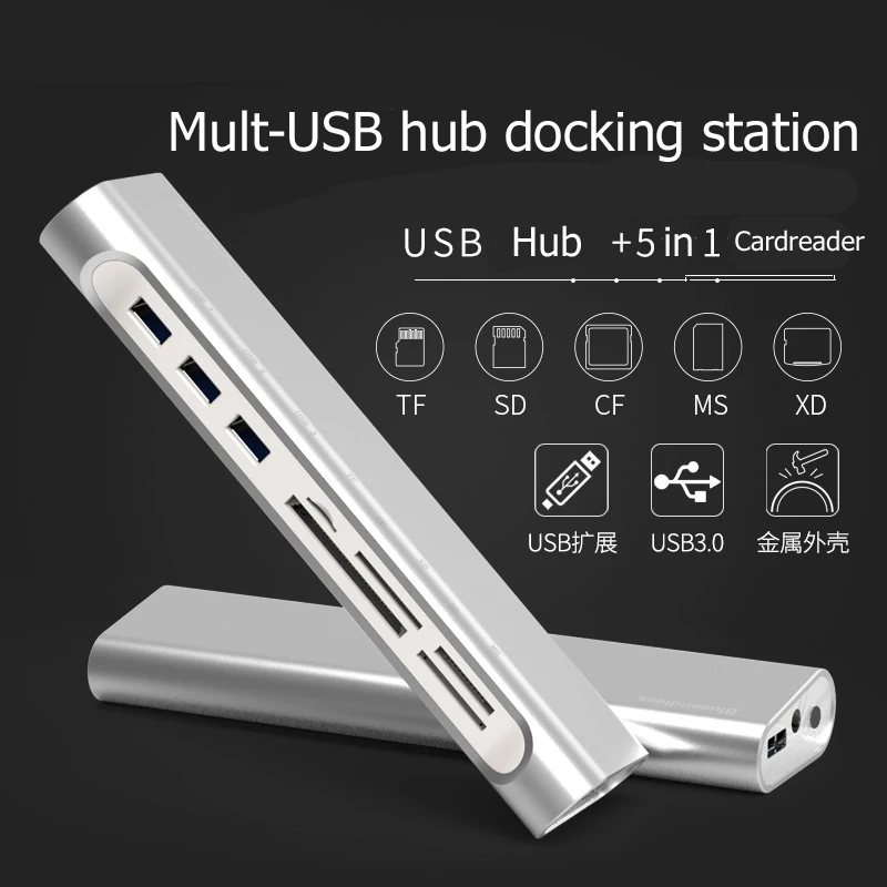 Оптовая продажа 3 * USB3.0 Multi-концентратор с TF/SD/CF/MS/XD 5in1 кардридер с usb calbe металлический корпус с мощность заряда бесплатная доставка