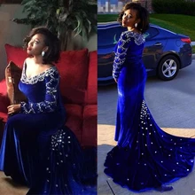 Kristall Samt Prom kleider 2017 Königsblau Friesen Plus Größe Lange Ärmel Abendkleider für Mutter Abendkleider vestido longo