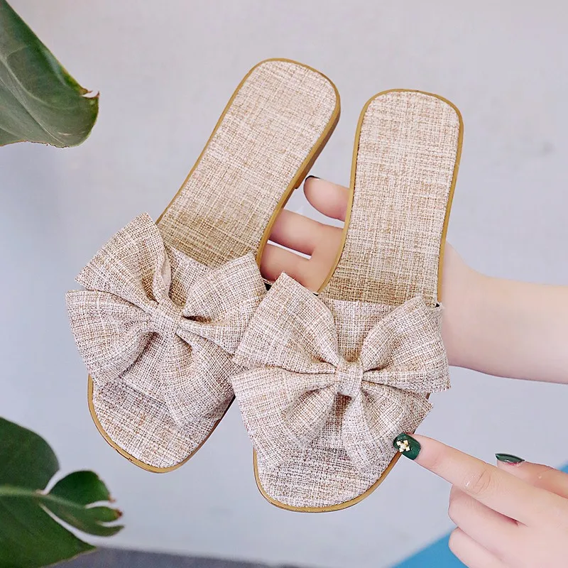 

Women's Summer Cloth Bow Slippers Fashion Beach Flat Slippers Flip Flops Non-slip Female Round Toe Beach Slippers Chanclas Mujer