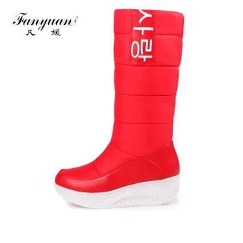 

Fanyuan 2018 Fahion Women Knee High Snow Boots Slip on Wedges Heel Round Toe Women Shoes Winter Women Snow Boots Size 35-44