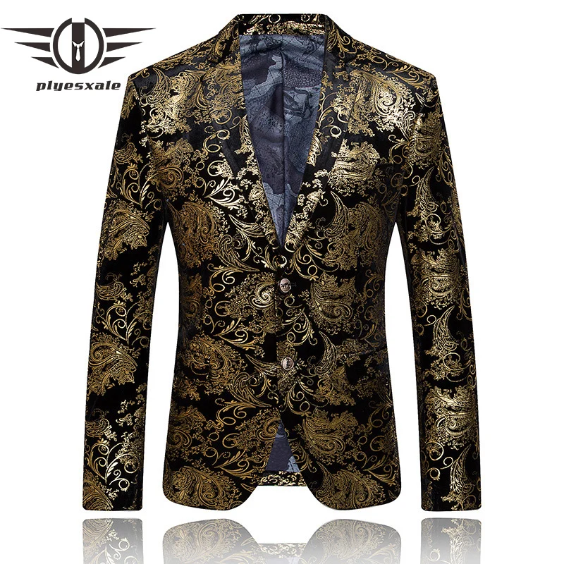 

Plyesxale Gold Blazer For Men Luxury Brand Mens Embroidered Blazer Stage Costumes For Singers Slim Fit Wedding Prom Blazers Q51