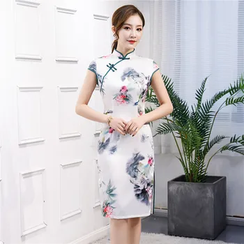 

China Ink Color Picture Cheongsam Women Satin Vintage Button Chinese Dress Big Size 3XL Mandarin Collar Sexy Tight Novelty Qipao