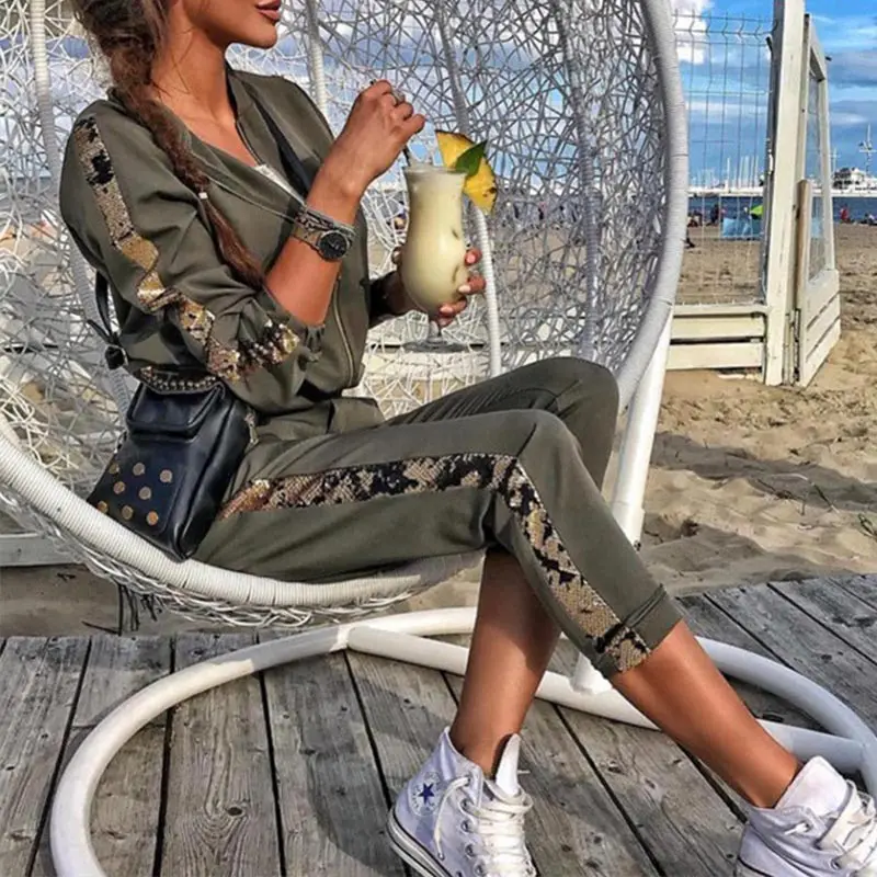 

Women's Sequined V-Neck Patchwork Sets Long Sleeve Zippers Tops Elastic Waist Pants 2019 Autumn Fashion New Ladies Clothing