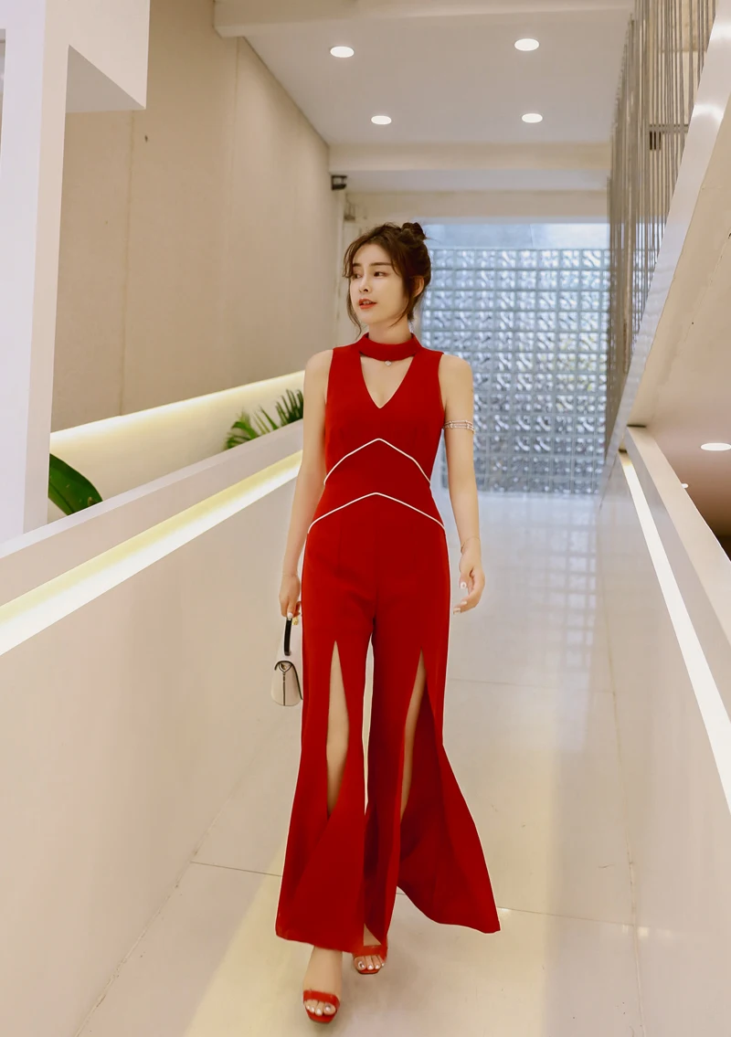 2019 Summer Red Jumpsuit for Women Full Length Chiffon Front Cut Hollow Out V-neck High Street Wide Leg Jumpsuits 2019 Summer Red Jumpsuit for Women Full Length Chiffon Front Cut Hollow Out V-neck High Street Wide Leg Jumpsuits