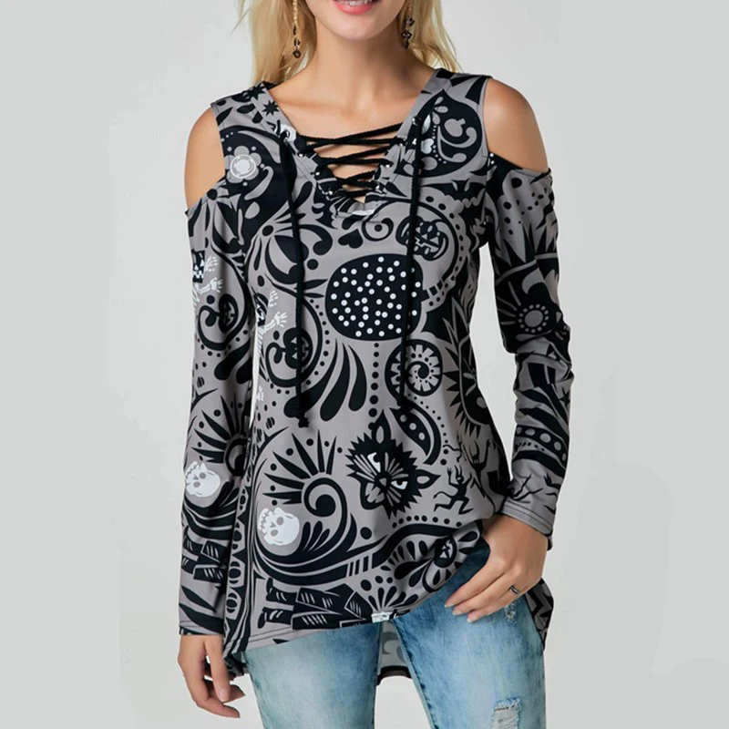 2019 Повседневное V шеи крест накрест до Футболка Женский Череп Printed Cold Shoulder