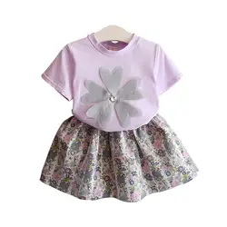 2018 новый два Peices летняя одежда для малышей для девочек с короткими рукавами детская футболка + пачка Цветочный принт 2 предмета в комплекте