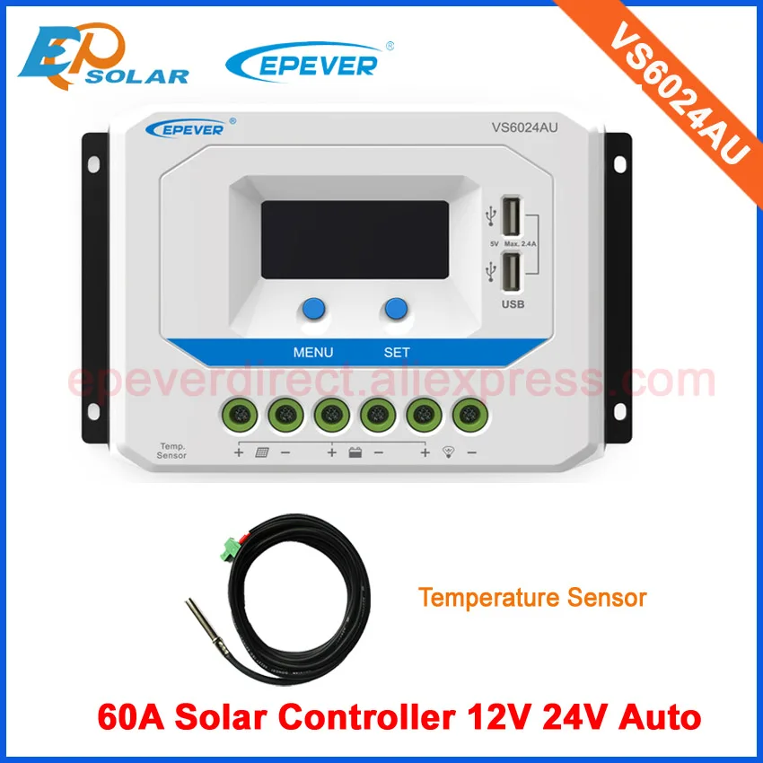 

lcd display good Price PWM solar power regulator 12v 24v 60A VS6024AU with temperature sensor