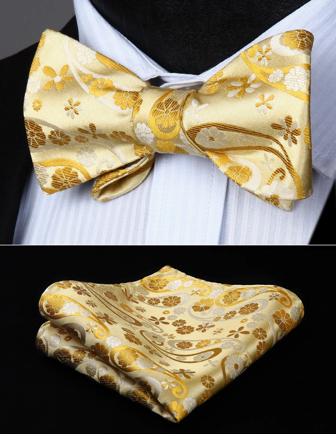 Bow Tie handkerchief set BP827DS Gold Paisley Flower Bowtie Men