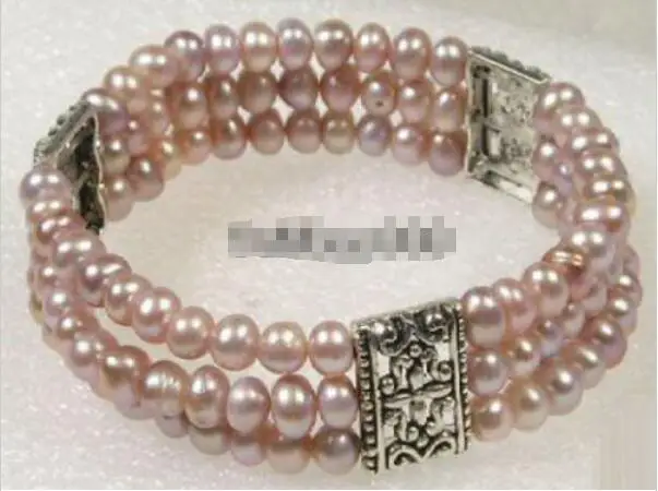 

Hot sale new Style >>>>>3 Rows Real Purple Pearl Tibetan Silver Stretchy Bangle Bracelet