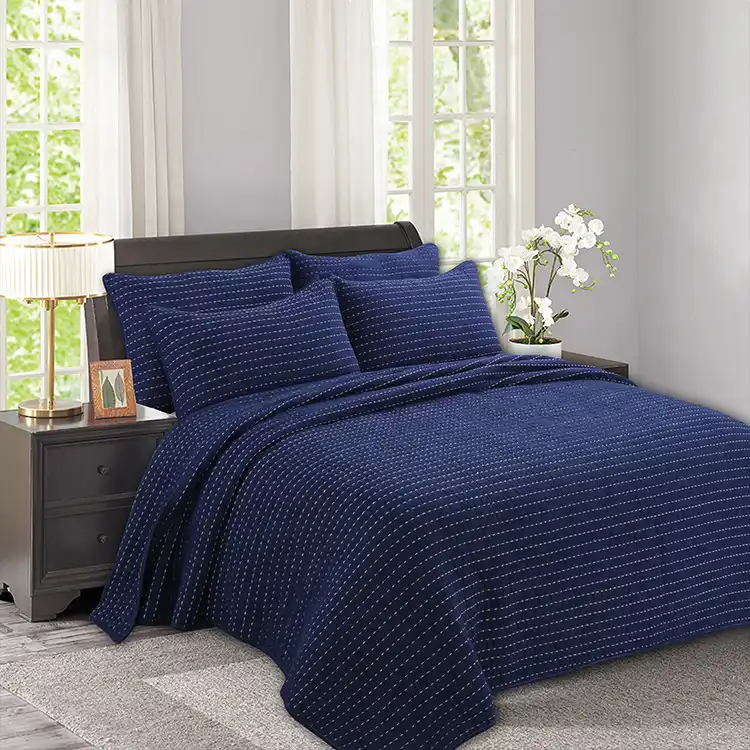 Navy Blue Thicken Bedspread Quilt Set 3pcs Embroidered Cotton