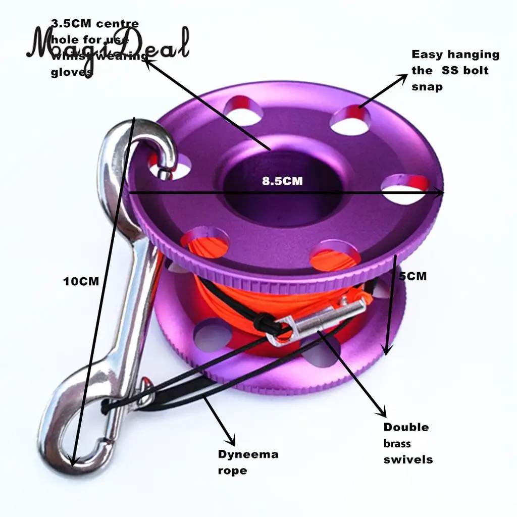 MagiDeal Professional Aluminum Alloy Finger Spool Reel & 30m Line Double End Bolt Snap for Underwater Scuba Diving Applications