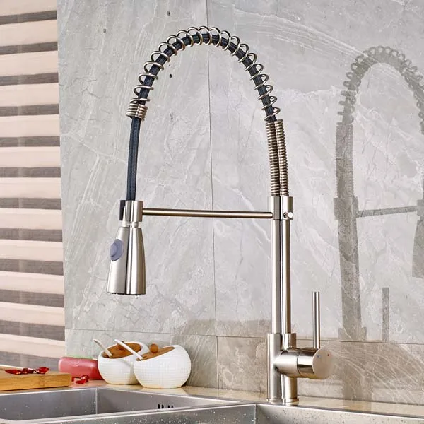 Nickel Brushed Finished Deck Mounted 360 Degree Rotate Pull Out Kitchen Sink Faucet Mixer Tap