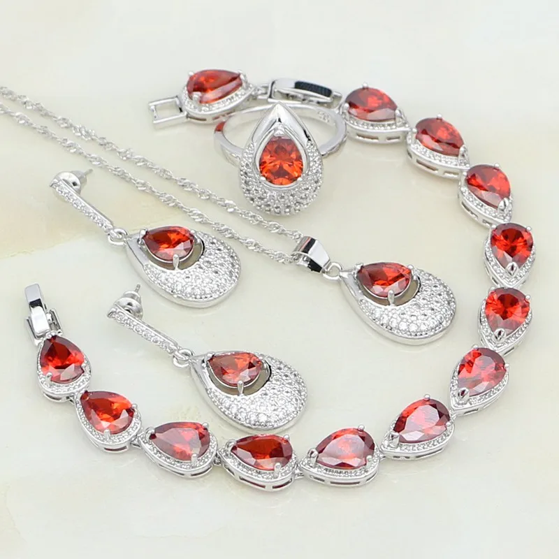 925 Sterling Silver Jewelry Red White Crystal Jewelry Sets For Women Wedding Earrings