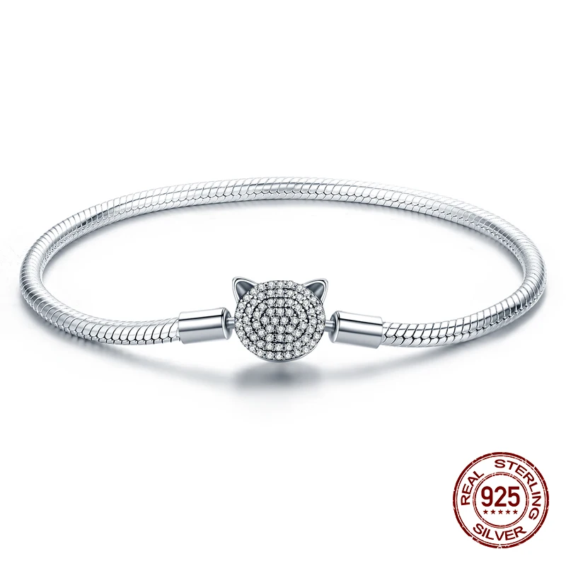 

100% 925 sterling silver cute cat shiny CZ beads charm bracelets snake chain for women sterling silver jewelry