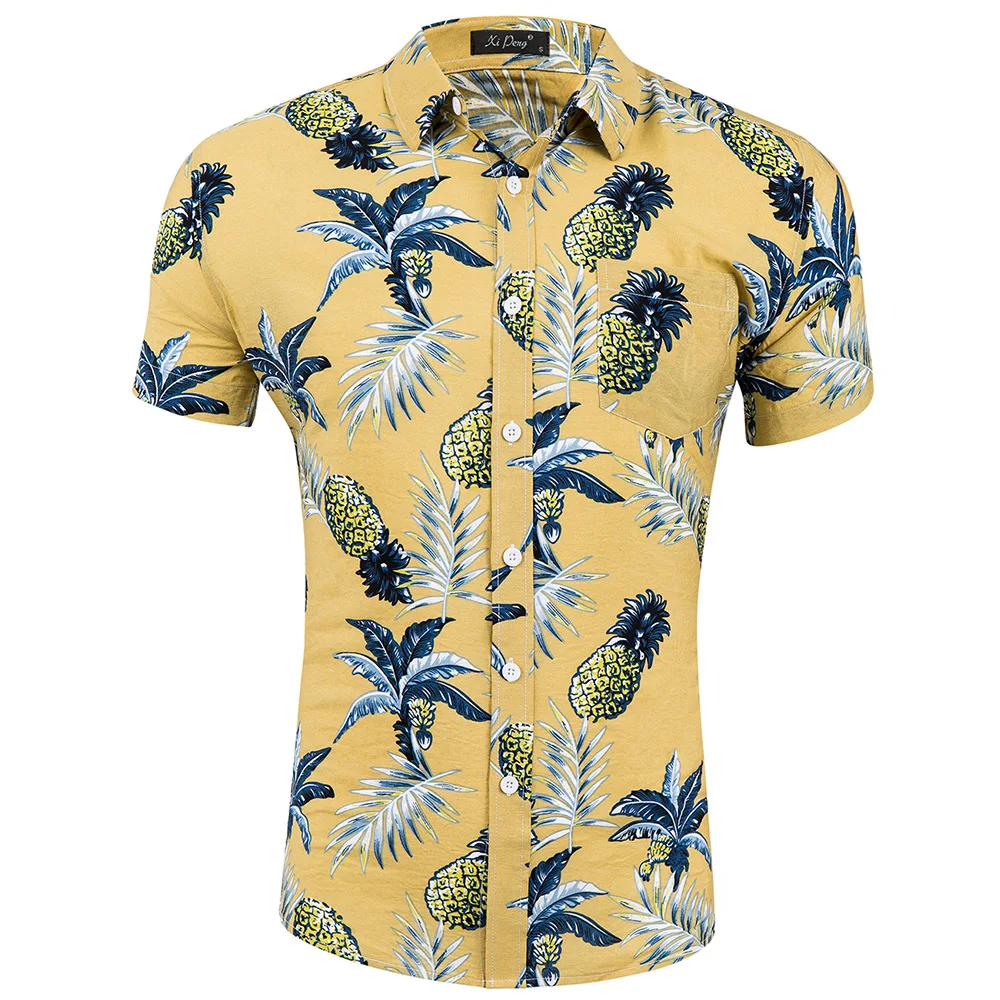 Модная мужская хлопковая рубашка с коротким рукавом, гавайская рубашка, летние повседневные рубашки с цветочным принтом, мужские рубашки, большие размеры - Цвет: GD024-13