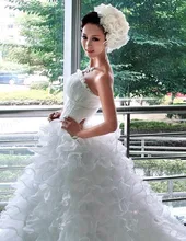 Luxury Cheap Ball Gown Strapless Lace Up Back Cathedral/Royal Train Tiered Skirt Wedding Dresses With Long Trains ST11422