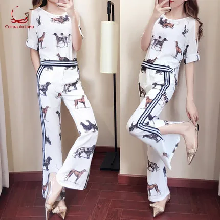 

Fashionable women's clothes new fashionable suit dog print chiffon broad-leg trousers two-piece suit