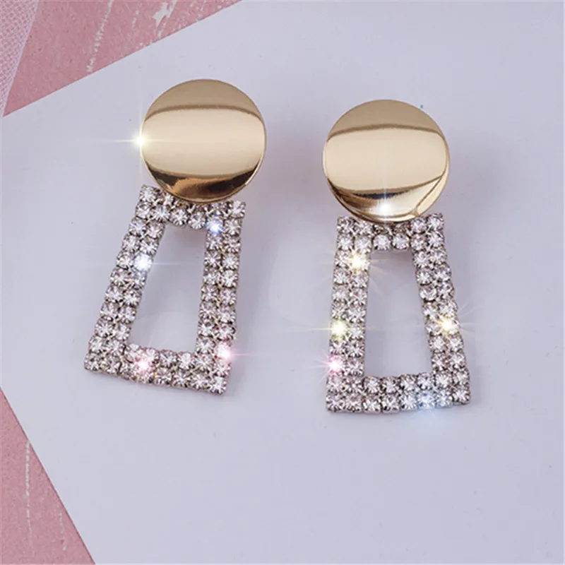

FYUAN Fashion Gold Color Round Geometric Drop Earrings Luxury Shining Square Rhinestone Earring for Women Party Jewelry Gift