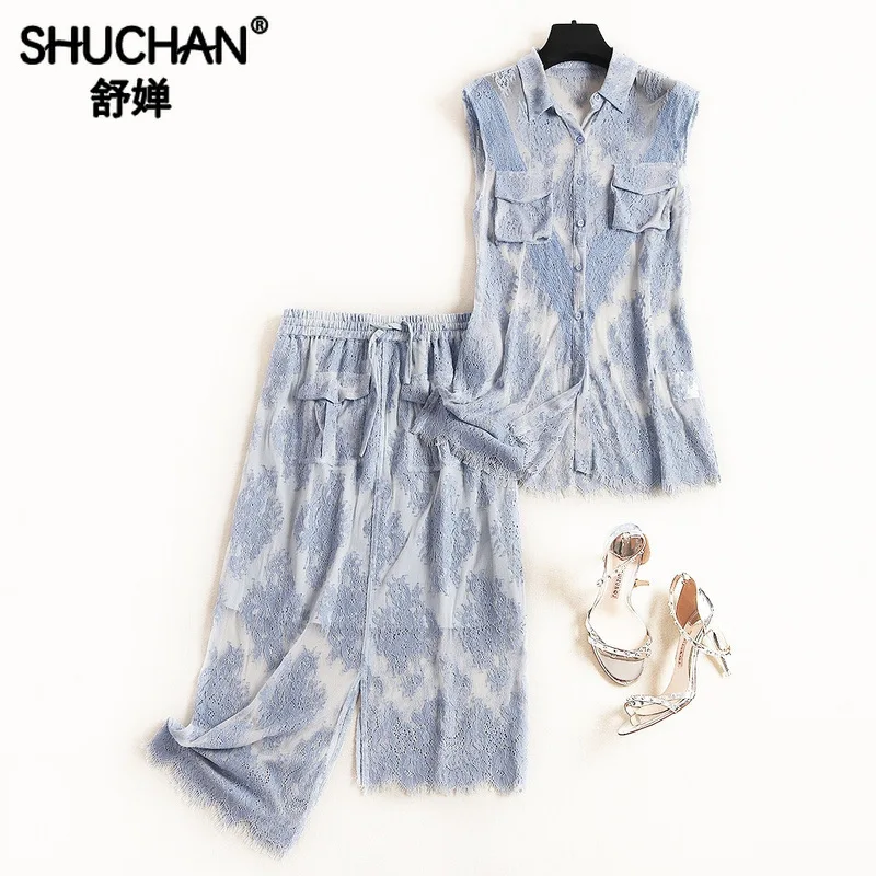 

Shuchan Women's Summer Suits Lace Single Breasted Tank +pencil Skirts Asymmetry Fashionable Clothes for Women Costume 51365