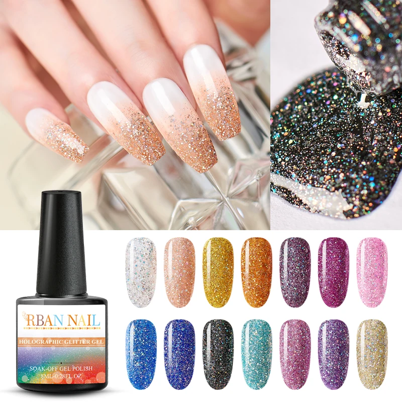 

RBAN NAIL Glitter Holographic Nail Polish Quick Drying Laser Holo Sequins Gel Nail Polish 8ml Lacquer Manicure Nail Art Design