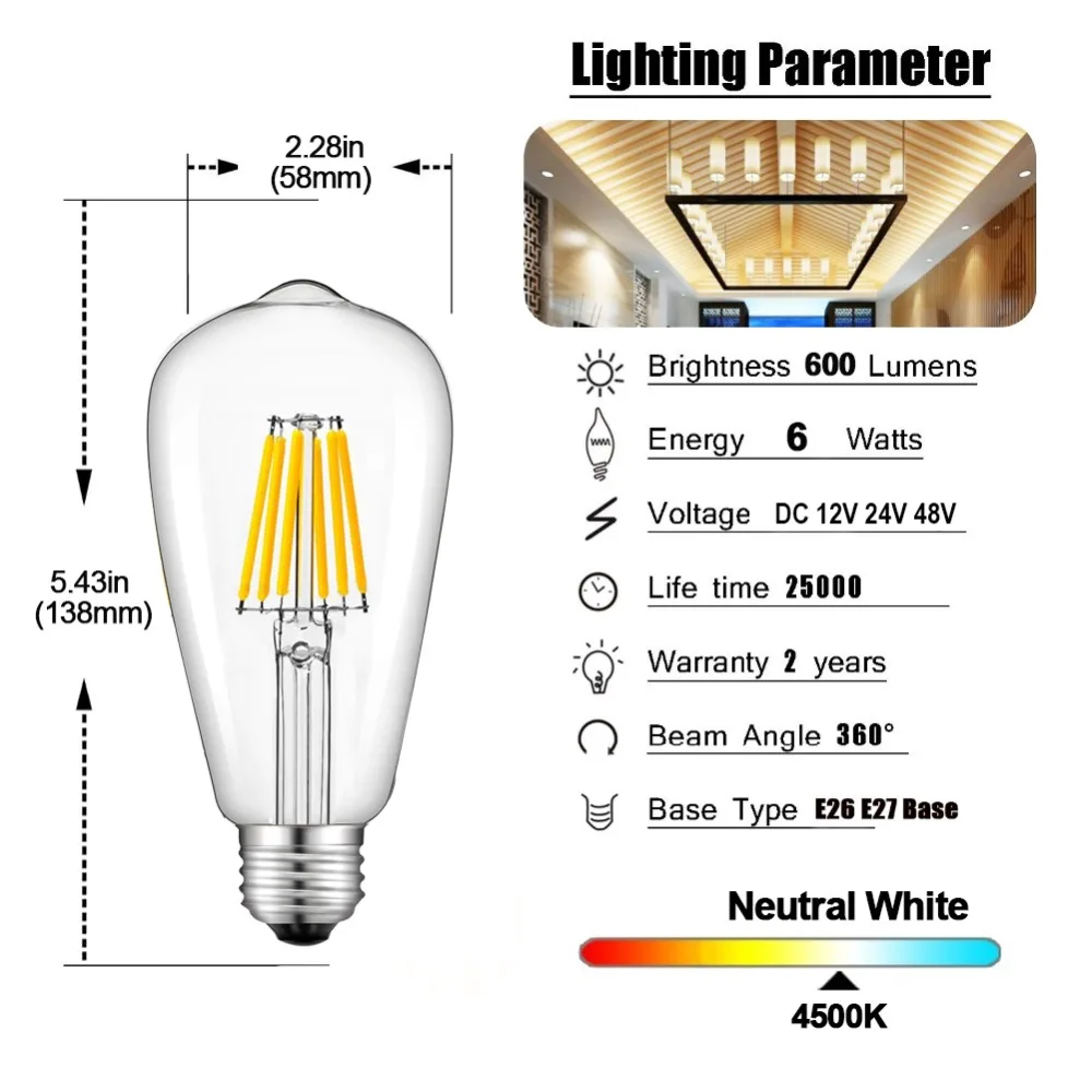 GANRILAND 12V 24V светильник St58 E27 Led Bulab Дневной светильник белый 4500k низкое напряжение 6W Edison 12V Светодиодная лампа винтажный теплый белый 2700K