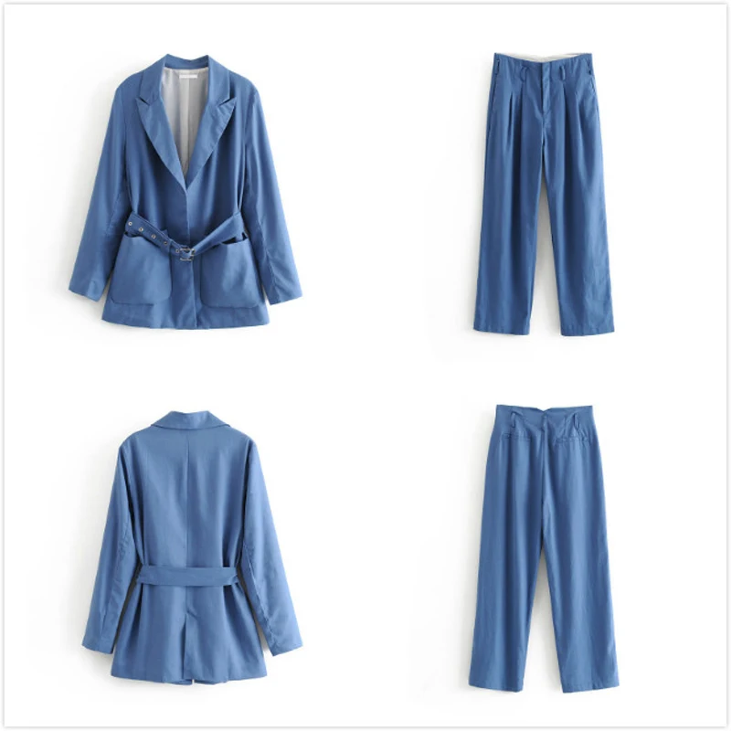 Blue Linen Women Pant Suits Belt Long Blazer Jacket High Waist Straight Pants Office Lady Two Piece Set Casual Female Trousers