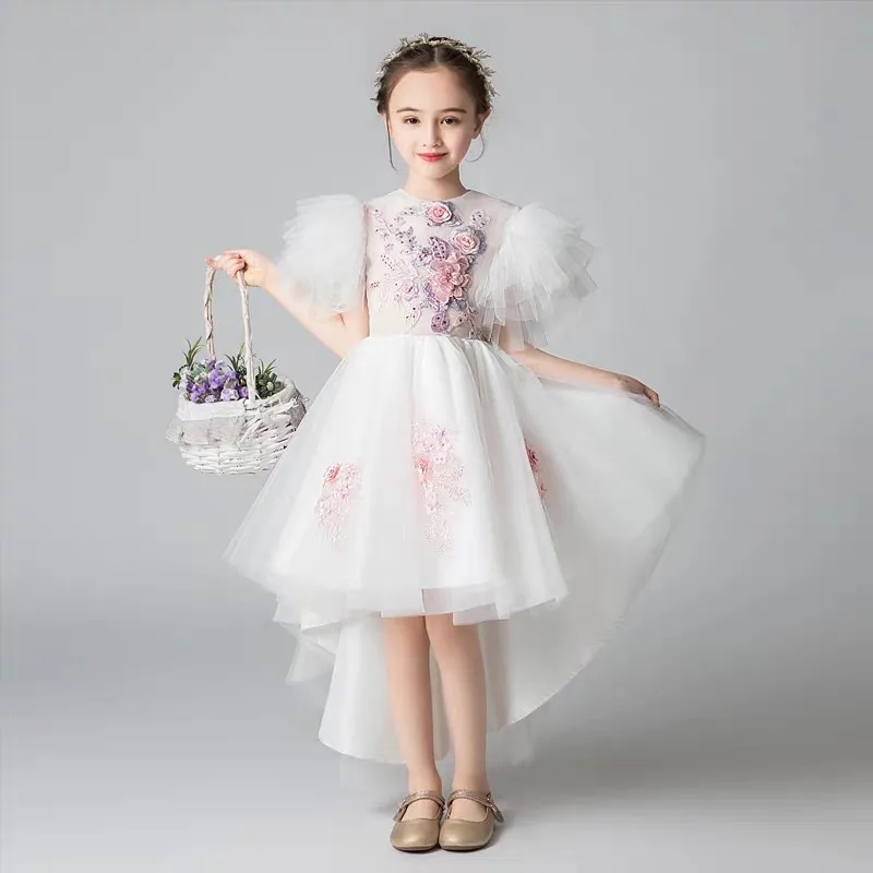 

2019Summer Elegant Fashion Children Girls Front Short Back Long Tail Dress For Birthday Evening Party Lovely Host Pageant Dress