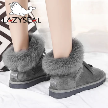 

LazySeal 2020 Shoes Women Suede Real Rabbit Fur Winter Snow Boots Female Pleated Plush Lining Warm Platform Ankle Boots Booties