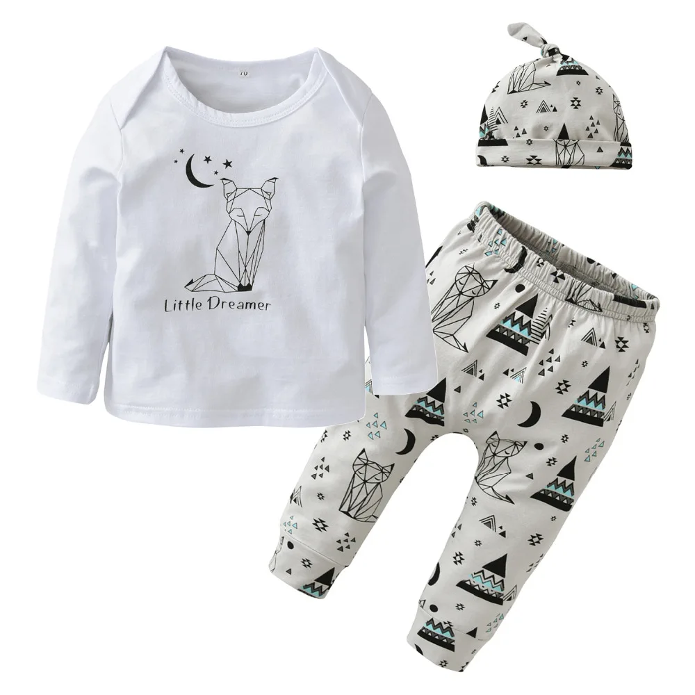 

Infant Newborn 100%Cotton Baby Boys Girls Clothes Long Sleeve Fox Print T-shirt Pant with Hat Casual Outfits Kids Clothing Sets