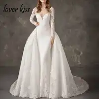 Lover Kiss Vestido De Noiva Shiny 2 in 1 Wedding Dress Long Sleeve Mermaid Wedding Dresses with Detachable Train Illusion Back