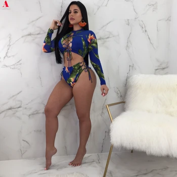 

New Women Long Sleeve Bandage Floral Push-up Bikini Set Fashion