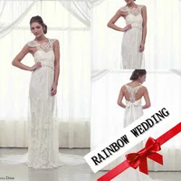 romantic fashionable wedding dress 2014 vestido de noiva A-Line Cap Sleeves Beads Crystals Back Chiffon Lace Dress BO2235