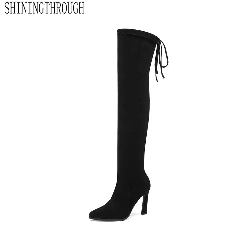 

2020 Women Over The Knee High Boots Cross-tied Winter Shoes Thin High Heel Pointed Toe All Match Women Boots Size 34-43