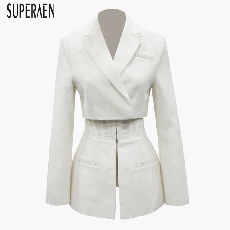 

SuperAen Europe Fashion Women Suit Jacket Solid Color Cotton Casual Ladies Jacket Slim Long Sleeve Fake Two Pieces Tops New 2019