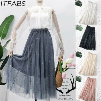 

2019 New Women High Waist Pleated Skirt Long Skirt Swing Star Moon Tulle Skirt Casual Skirt