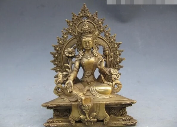 

fast shipping USPS to USA S3438 Tibet refined craftwork Pure Brass Seven Eye Green TaRa padma Kwan-Yin Buddha