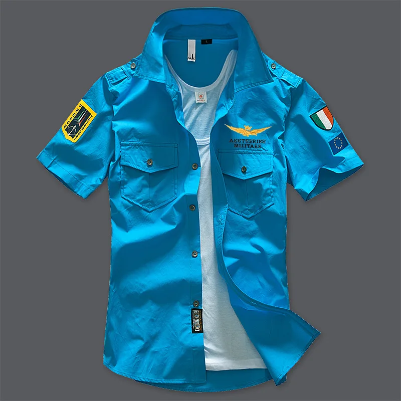 Мужская повседневная Eden армейская воздушная сила рубашка с коротким рукавом Asstseries для мужчин, в стиле милитари парк Повседневная рубашка мужские рубашки Camisa Masculina 4XL - Цвет: 12002 Sky Blue