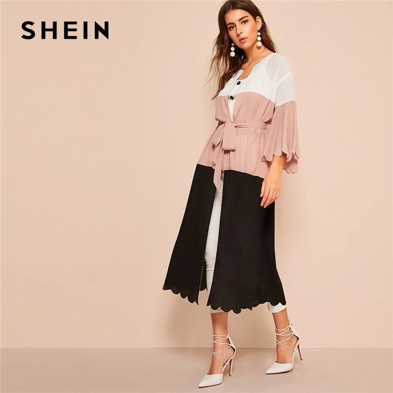 

SHEIN Colorblock Scalloped Trim Abaya 2019 Pink Deep V Neck Spring Autumn Dress Three Quarter Length Sleeve Women Dresses