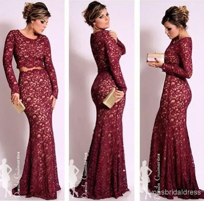 

2018 Long Sleeves Lace Two pieces Mermaid Scoop Neck Vintage Floor Length Prom Formal evening Gown mother of the bride dresses