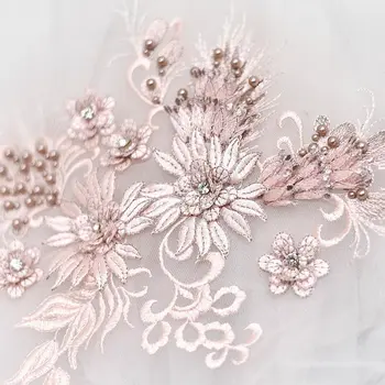 

10 pieces light pink lace applique with 3D flowers, heavy beaded lace applique, bridal 3d floral flower appliques